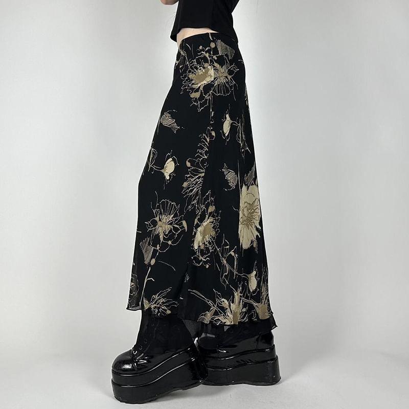 Low Waist Floral Print Mesh Midi Skirt Product Image