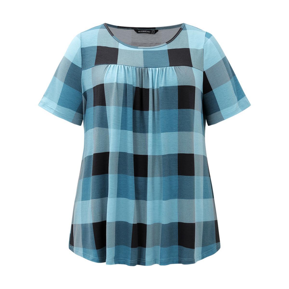 Plus Size Plaid Round Neck Gathered T-shirt Blue Women Casual Gathered Plaid Round Neck Everyday T-shirts BloomChic 18-20/2X Product Image