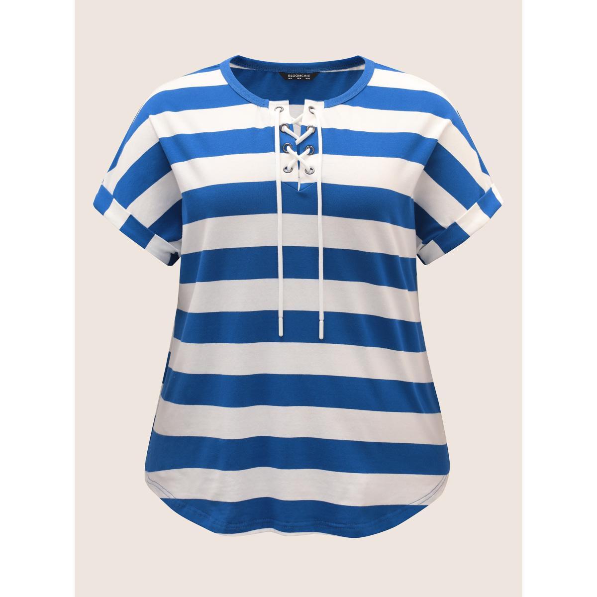 Plus Size Striped Lace Up Arc Hem Batwing Sleeve T-shirt Mediumblue Women Casual Eyelet Round Neck Everyday T-shirts BloomChic 10/M Product Image