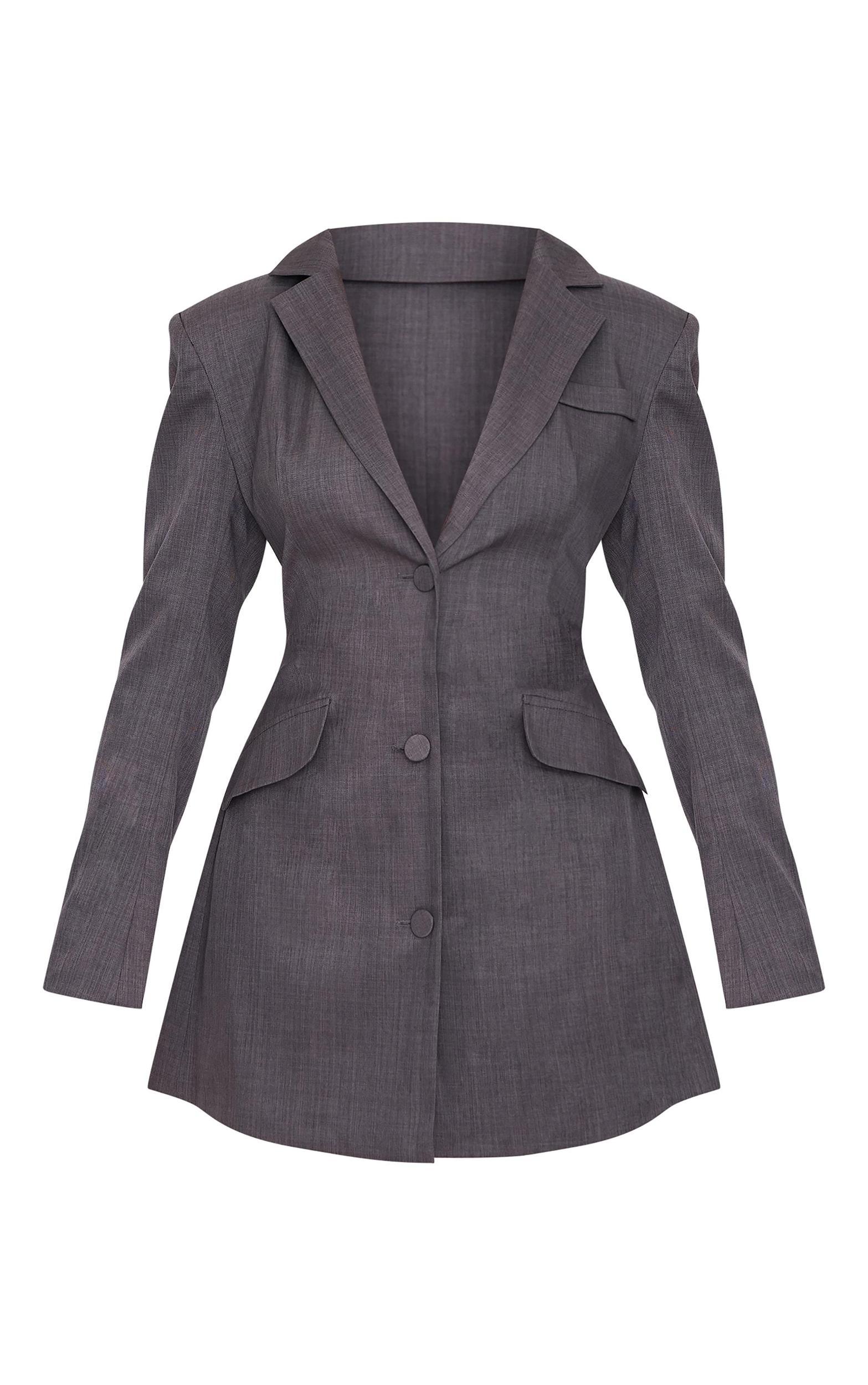 Charcoal Woven Cinched Waist Blazer Dress Product Image