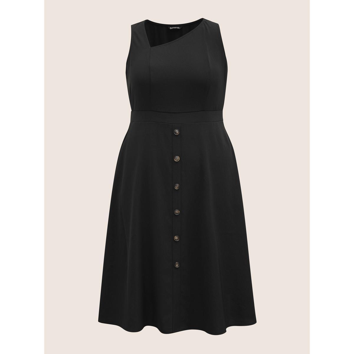 Plus Size Asymmetrical Neck Button Detail Midi Dress Black Women At the Office Non Asymmetrical Neck Sleeveless Curvy Midi Dress BloomChic 10/M Product Image
