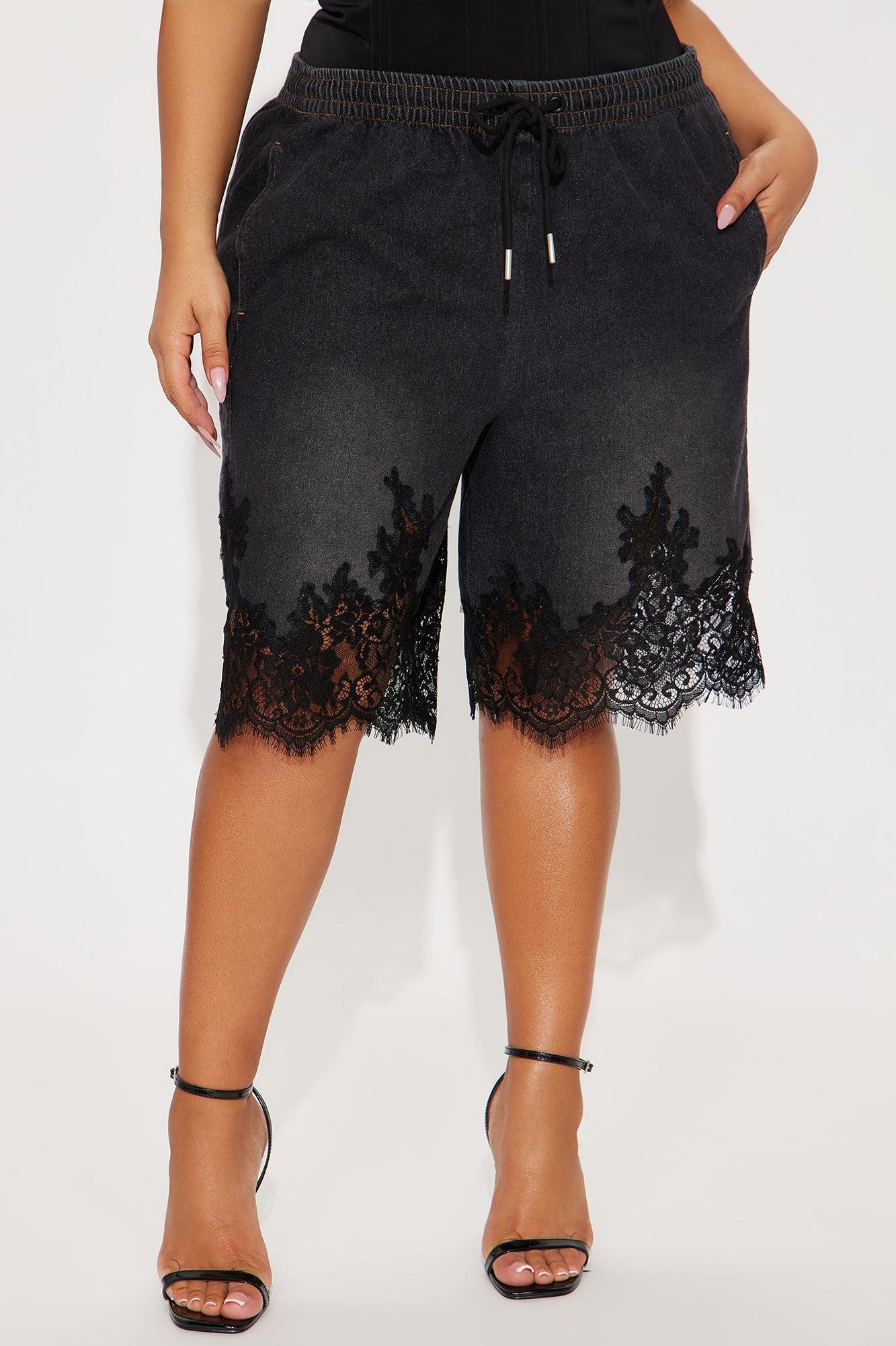 Making Things Happen Lace Trim Denim Jorts - Black Wash Product Image