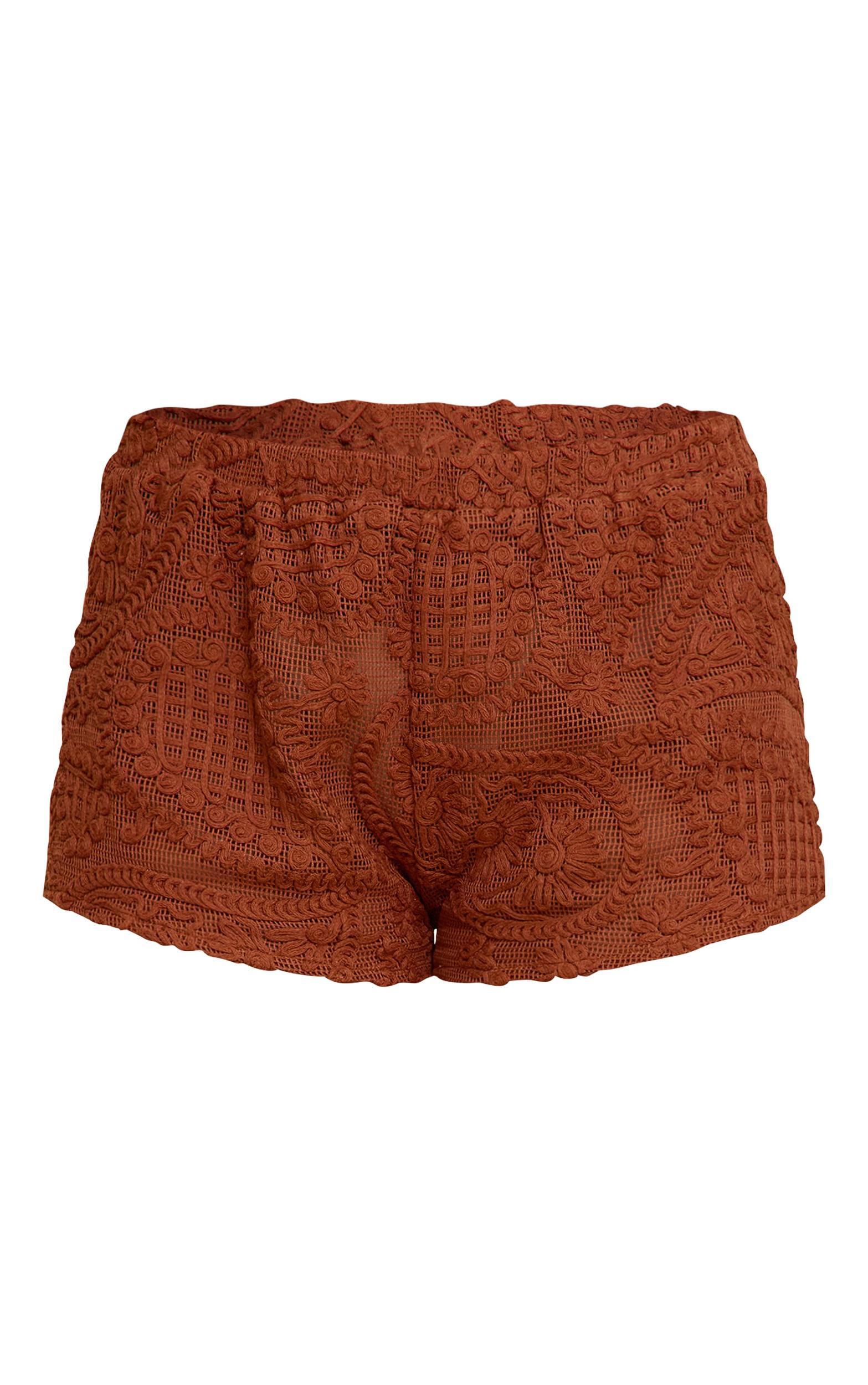 Burnt Orange Textured Embroidered Mid Rise Mini Shorts Product Image