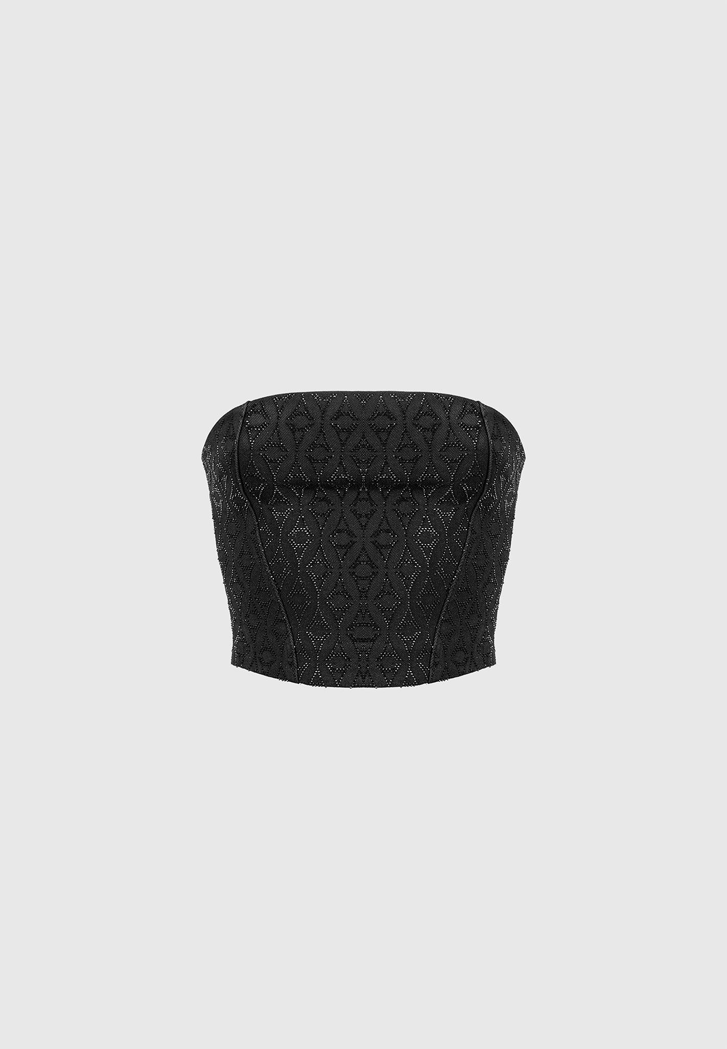 Rhinestone Eiffel Denim Bandeau Corset Top - Black Female Product Image