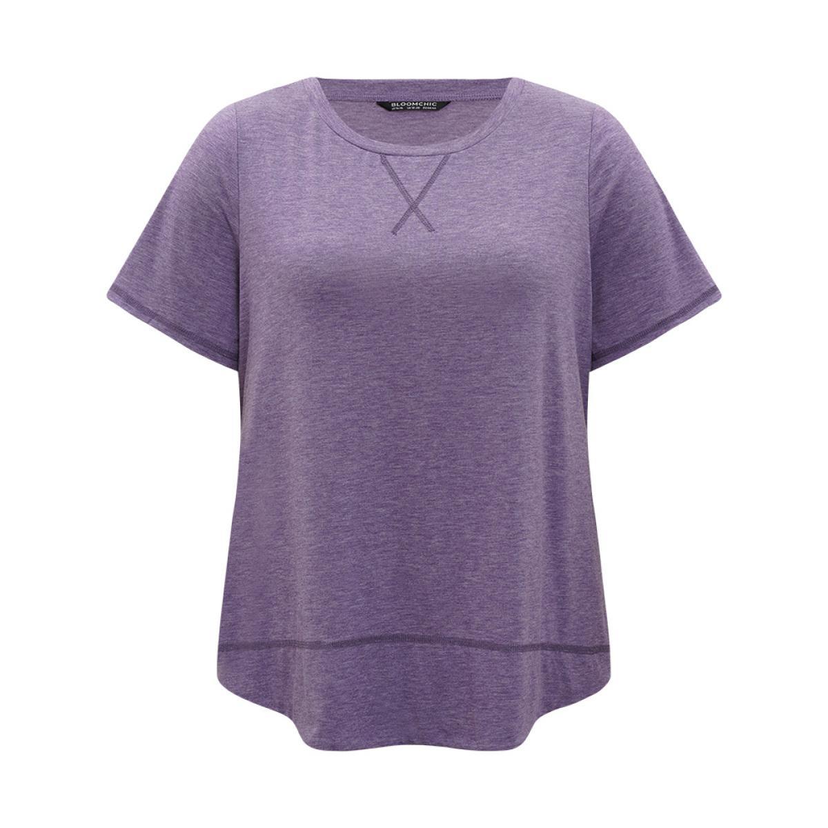 Plus Size Contrast Stitch Round Neck Curved Hem T-shirt Purple Women Casual Plain Plain Round Neck Dailywear T-shirts BloomChic 22-24/3X Product Image