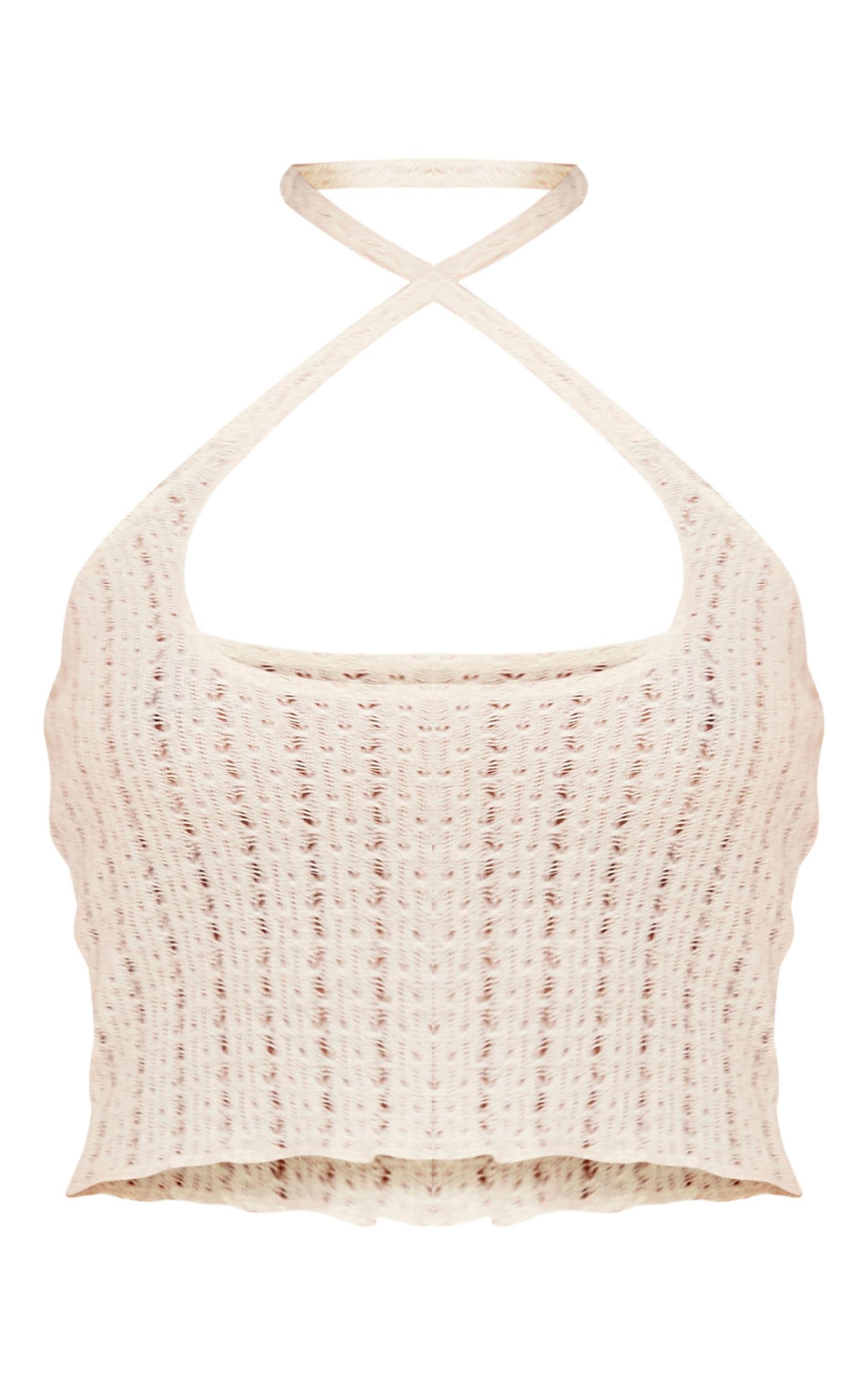Cream Knit Look Cut Out Halter Crop Top Product Image