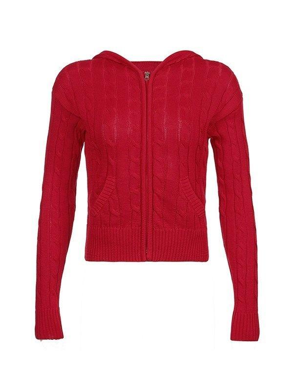 Cable Knit Zip Up Hooded Cardigan Product Image