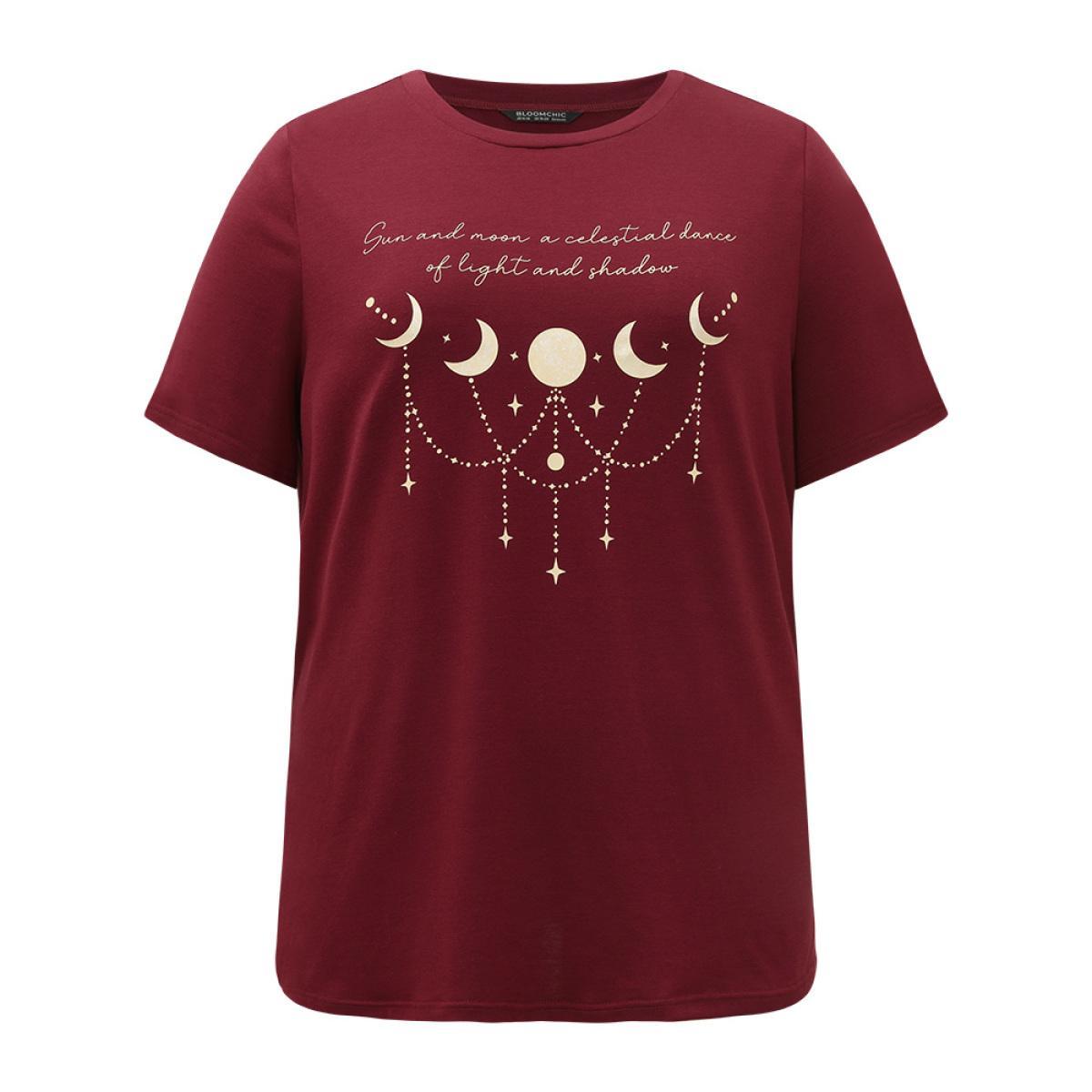 Plus Size Moon & Star Print Round Neck T-shirt Burgundy Women Casual Printed Star and moon Dailywear T-shirts BloomChic 14-16/1X Product Image
