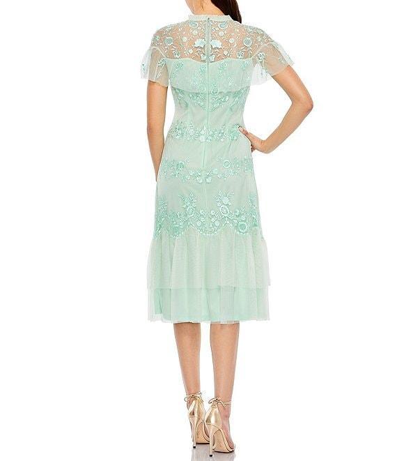 Mac Duggal Embroidered Mesh Illusion Crew Neck Cap Sleeve Ruffle Hem Dress Product Image