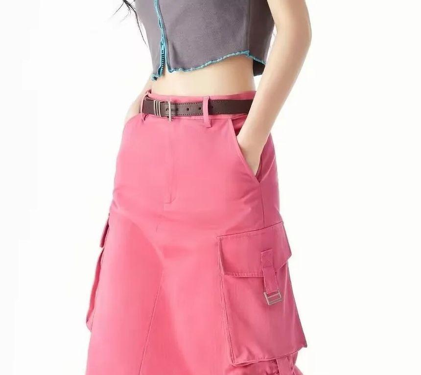 High Rise Plain Drawstring Midi A-Line Cargo Skirt Product Image