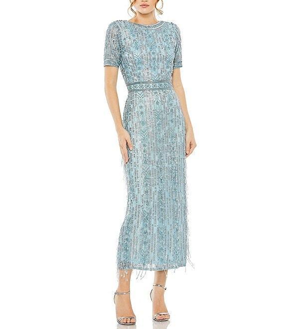 Mac Duggal Short Sleeve Sequined Beaded Sheath Midi Dress Product Image