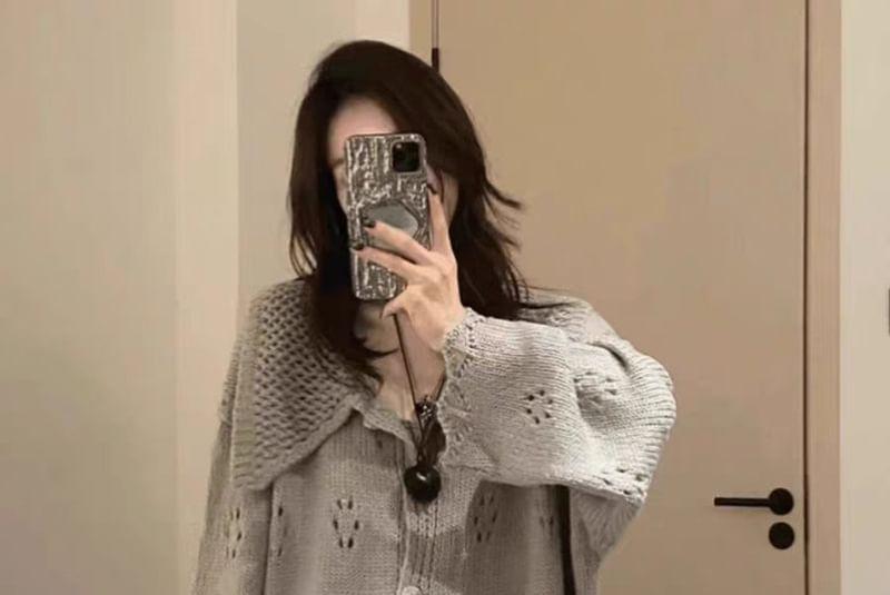 Collar Plain Pointelle Knit Oversized Cardigan Product Image