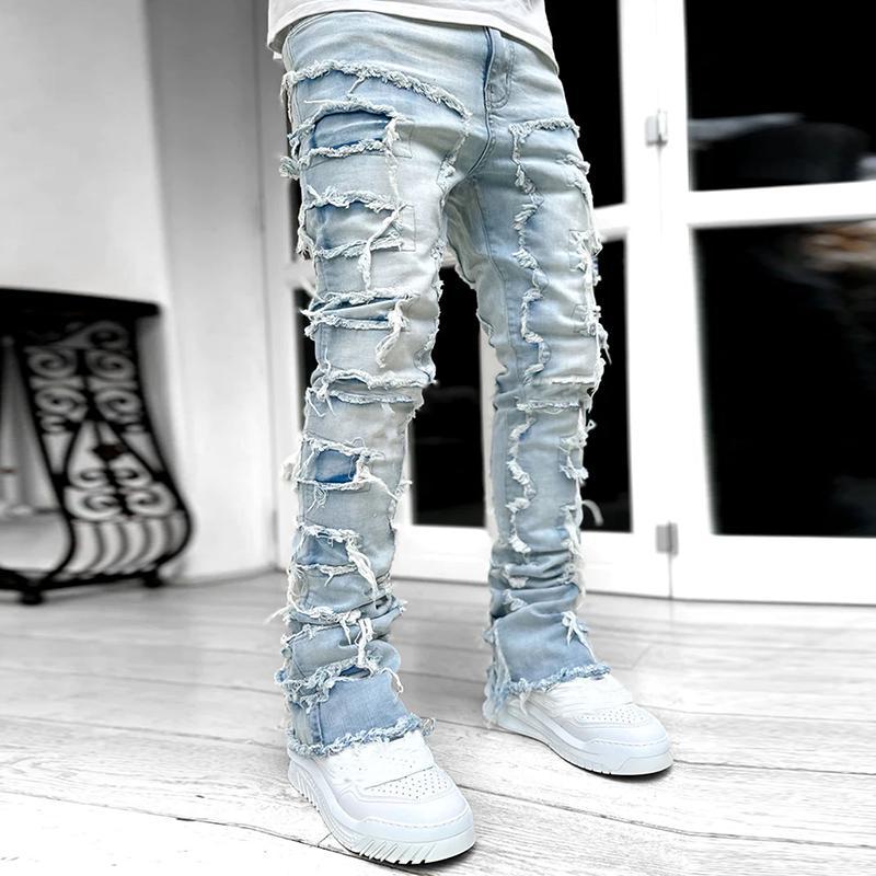 Unisex Men's Hiphop Fashion Elastic Patch Denim Straight Pants Product Image