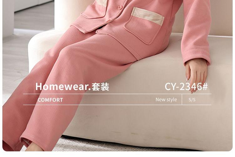 Pajama Set : Long-Sleeve Color Block Shirt + Pants Product Image