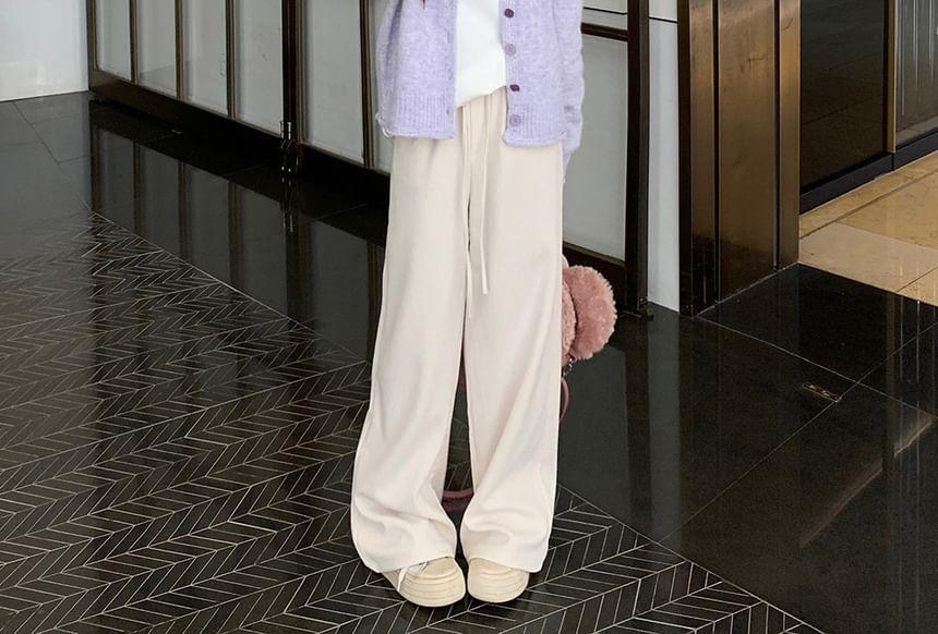 Crew Neck Plain Button-Up Cardigan / Drawstring Waist Corduroy Wide Leg Pants Product Image