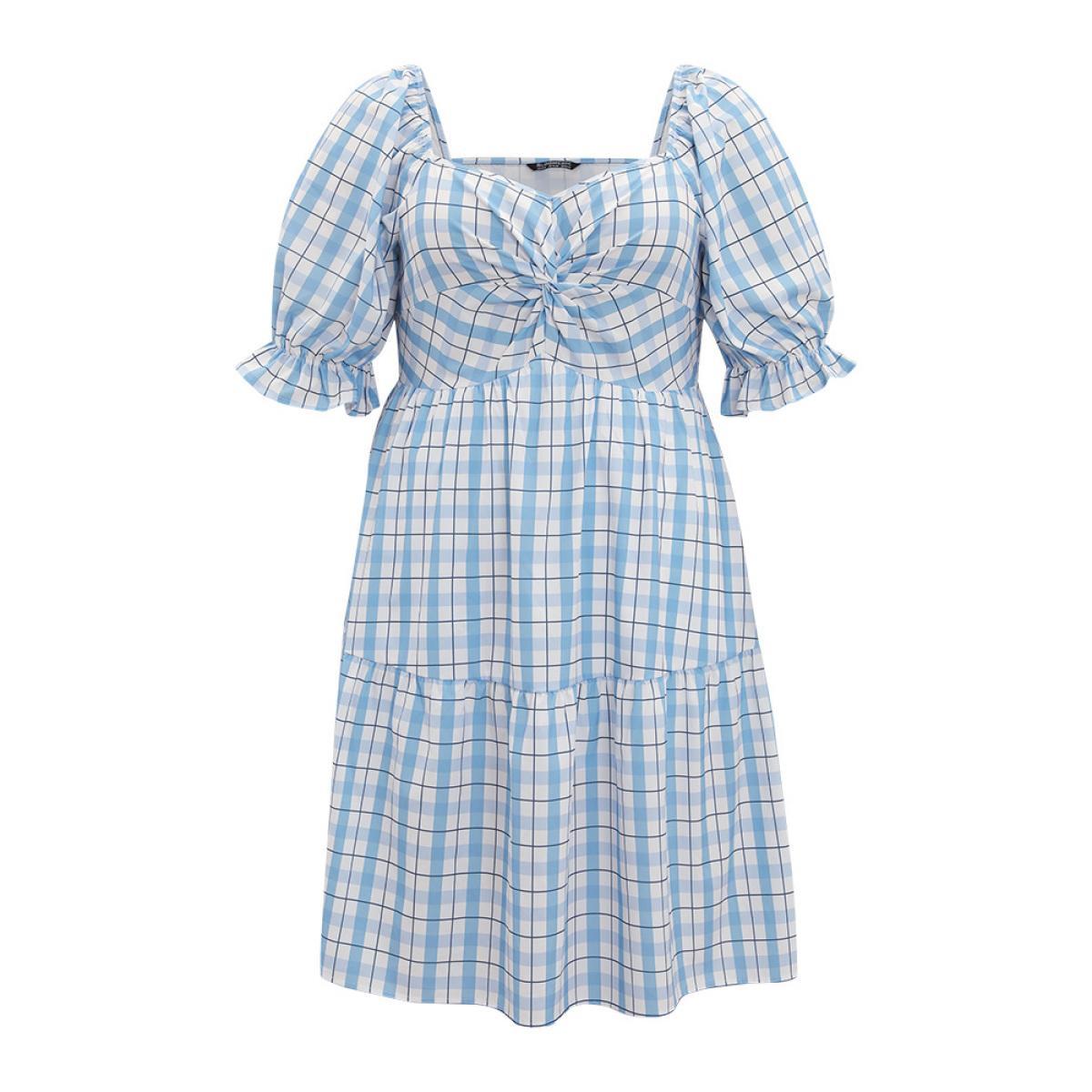 Plus Size Twist Front Square Neck Ruffle Layered Hem Bell Sleeve Dress LightBlue Women Elegant Square Neck Short sleeve Curvy Knee Dress BloomChic 14-16/1X Product Image