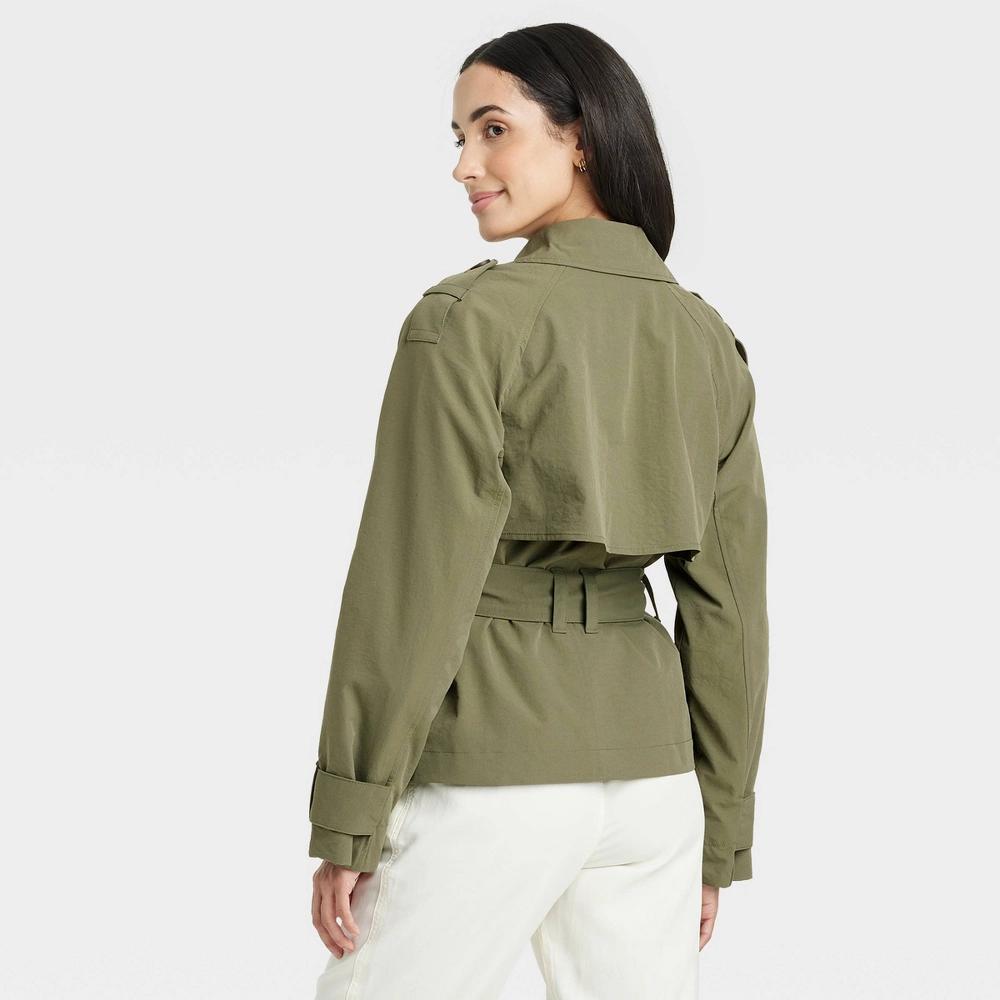 Womens Short Trench Coat - A New Day Olive XL: Recycled Polyester, Lightweight Crepe, Machine Washable Product Image
