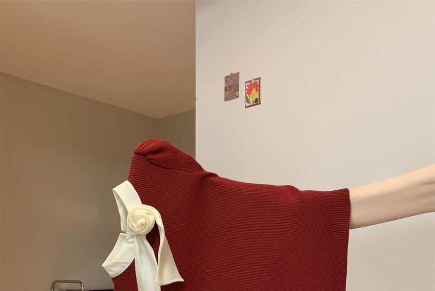 Mock Neck Flower Detail Panel Ribbed Sweater Product Image