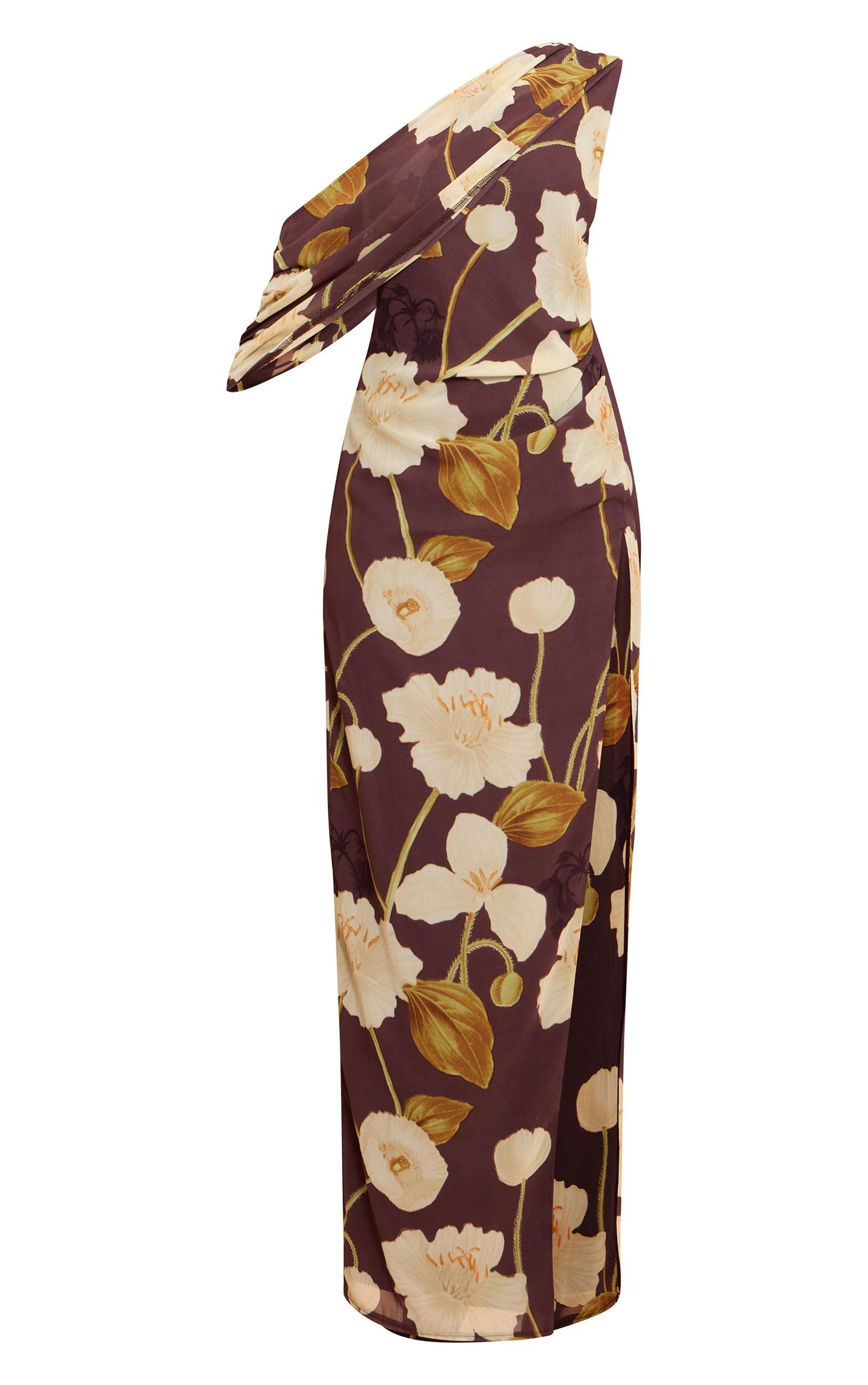 Chocolate Printed Chiffon Drape Detail Maxi Dress Product Image