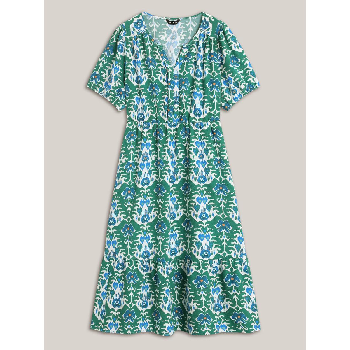 Plus Size Boho Pattern Stretchy Waist Pockets Midi Dress Teal Women Flat collar with V-notch Short sleeve Curvy BloomChic 10/M Product Image