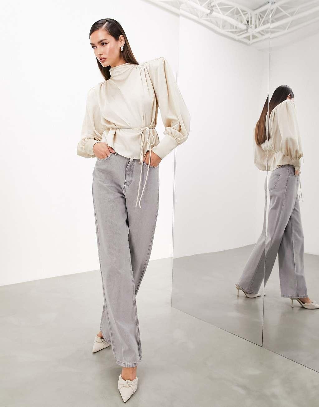 ASOS EDITION hammered satin bold shoulder cropped blouse with removable tie Product Image