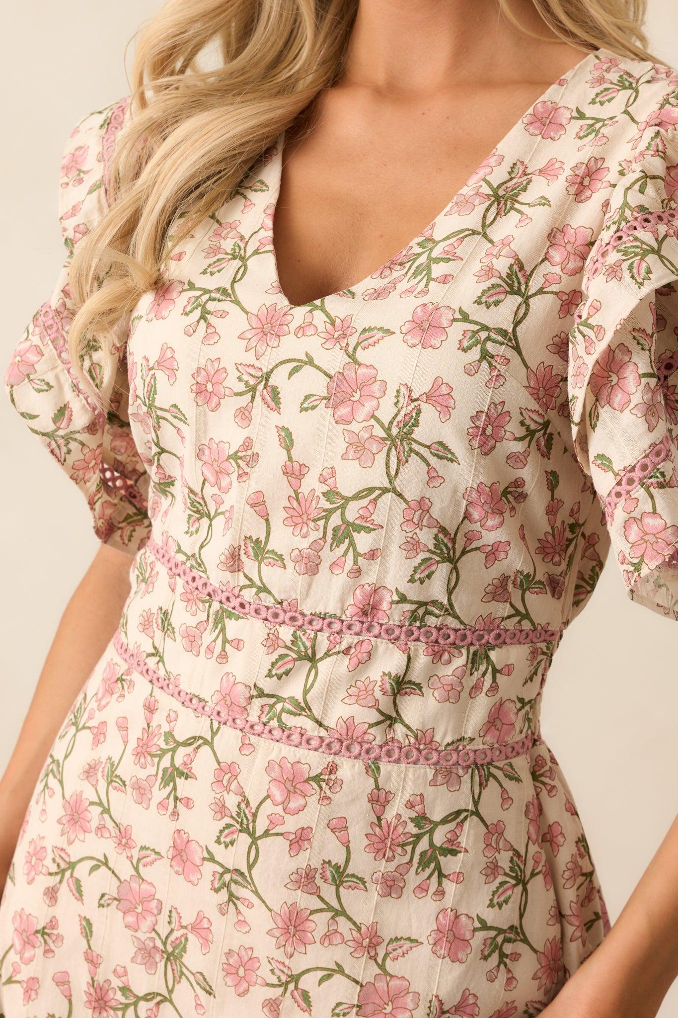 Dandelion Wishes Cotton Rose Pink Flutter Sleeve Midi Dress Product Image