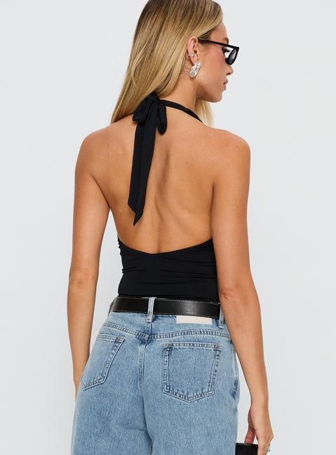 Kendrae Plunge Halter Bodysuit Black Product Image