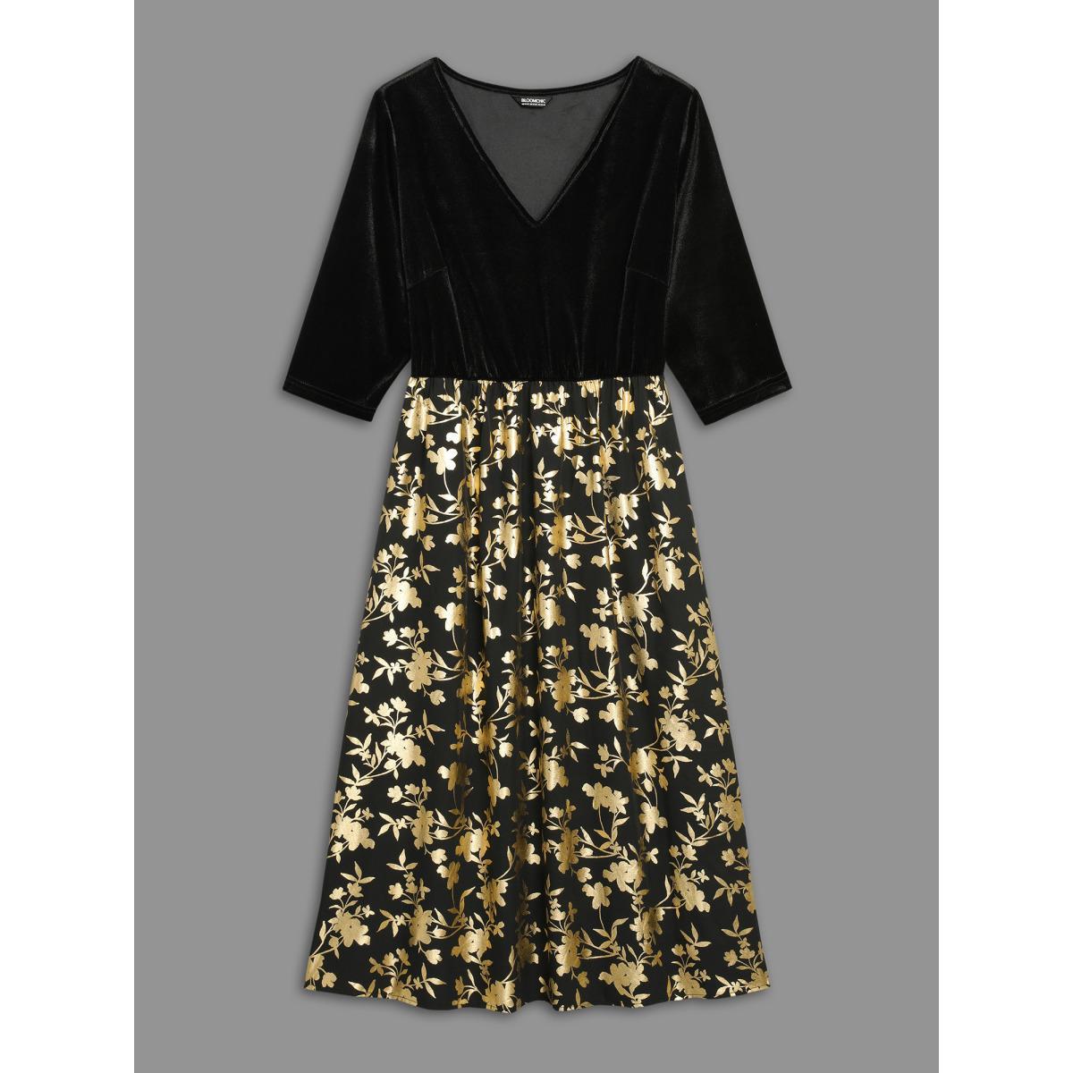 Plus Size Glitter Floral Patchwork Velvet Midi Dress Black Women Cocktail Texture Party Curvy Bloomchic 26/4X Product Image