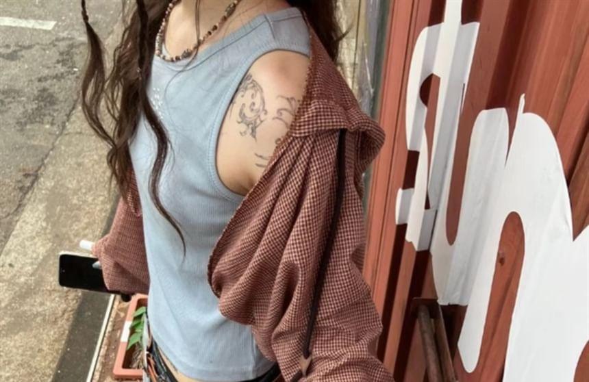 Plaid Hooded Open Front Crop Jacket Product Image