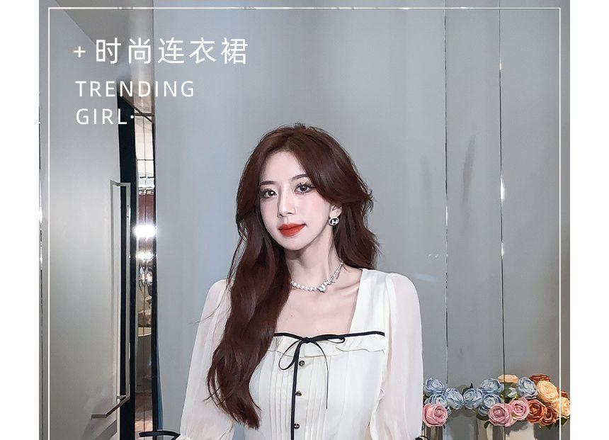 Long-Sleeve Square Neck Button Accent Frill Trim Mini A-Line Dress Product Image