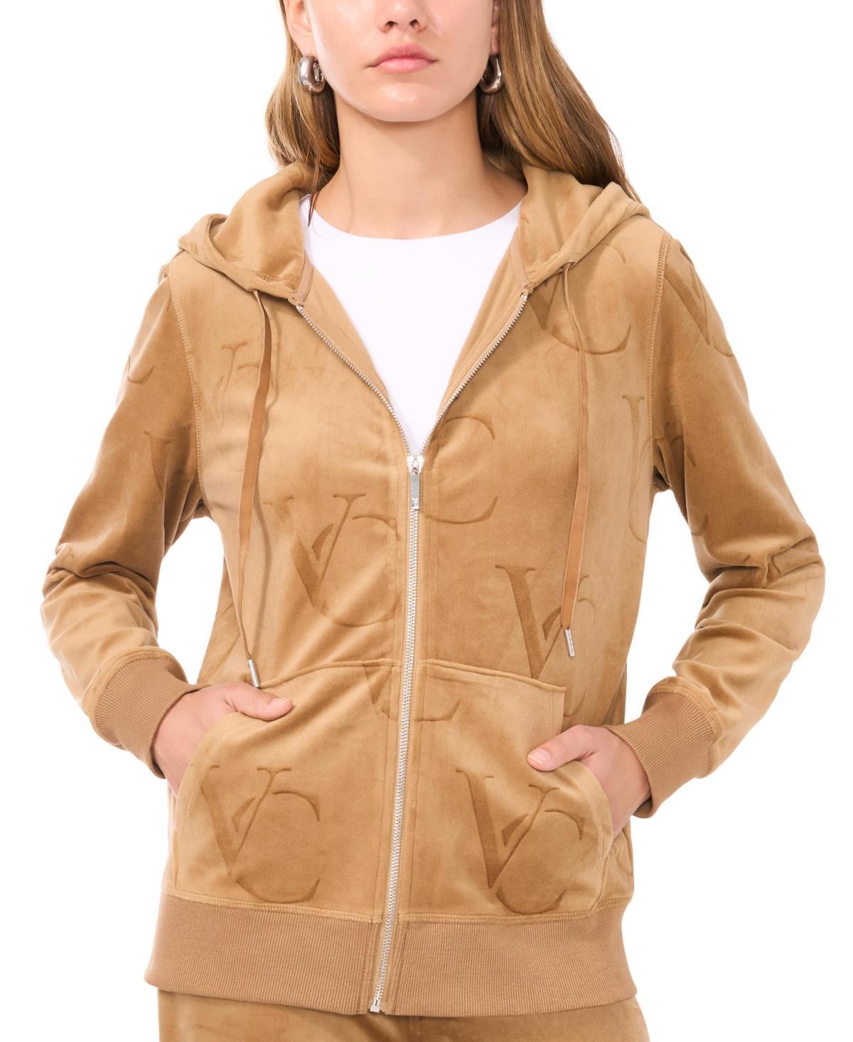 Vince Camuto Womens Embossed-Logo Velour Zip-Front Hoodie Product Image
