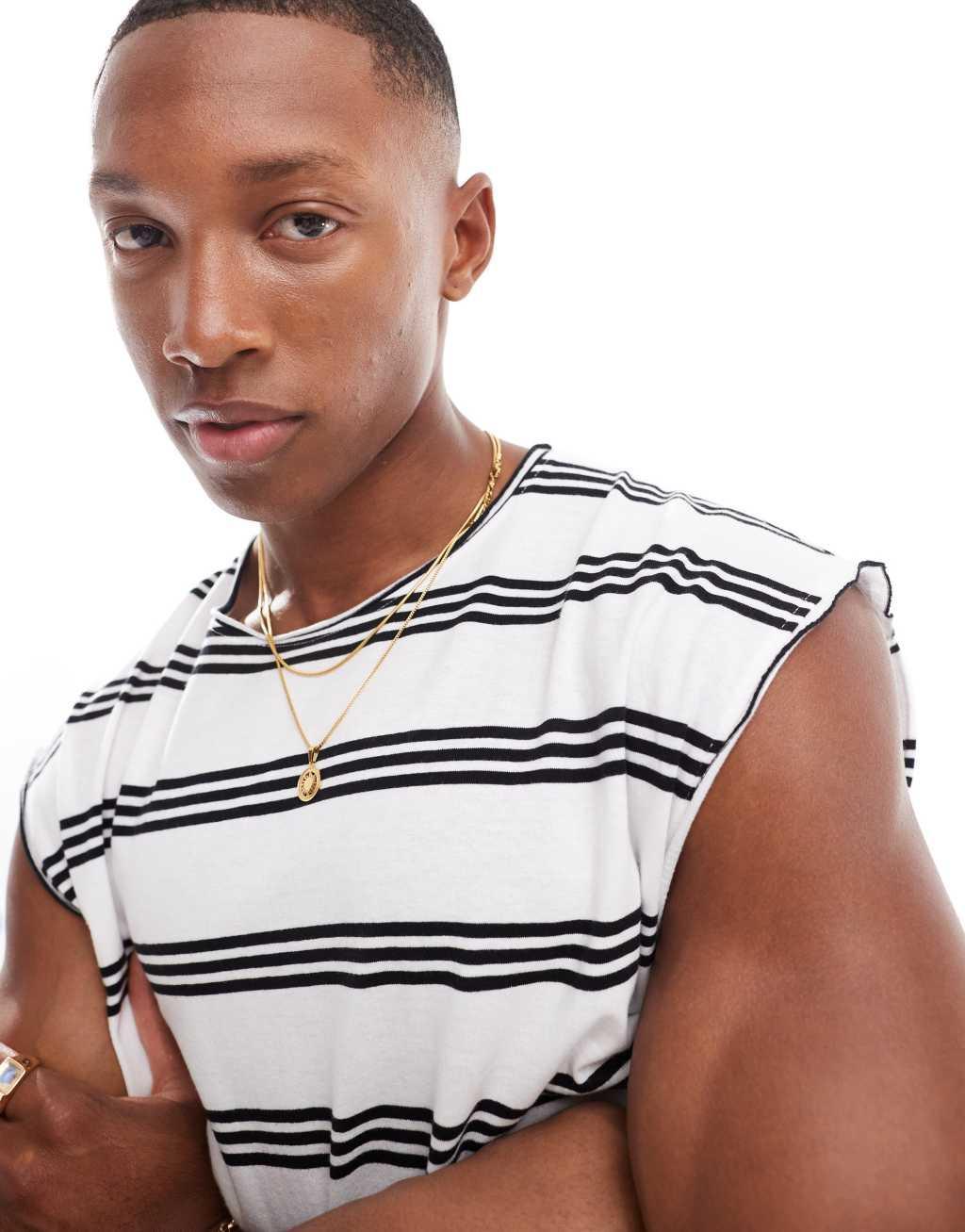 Brave Soul raw edge striped tank in white & black Product Image