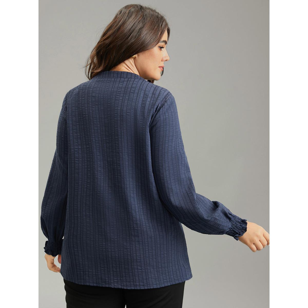 Plus Size Indigo Plisse Gathered Shirred Cuffs Button Through Blouse Women Office Long Sleeve Notched collar Work Blouses BloomChic 12/L Product Image