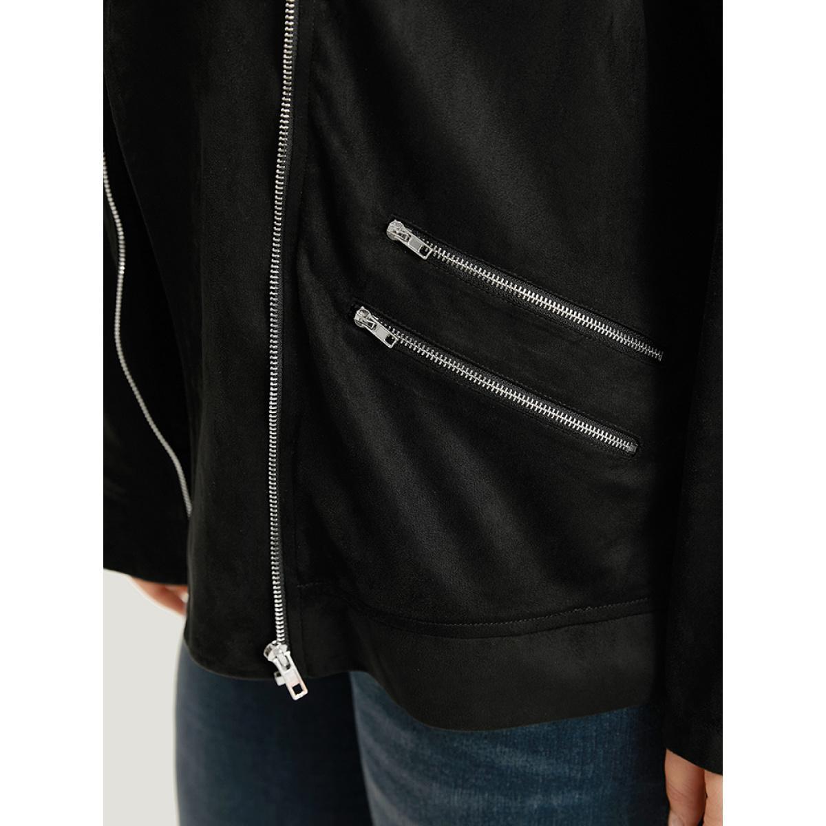 Plus Size Solid Lapel Collar Zipper Metal Detail Jacket Women Black Plain Dailywear Jackets BloomChic 10/M Product Image