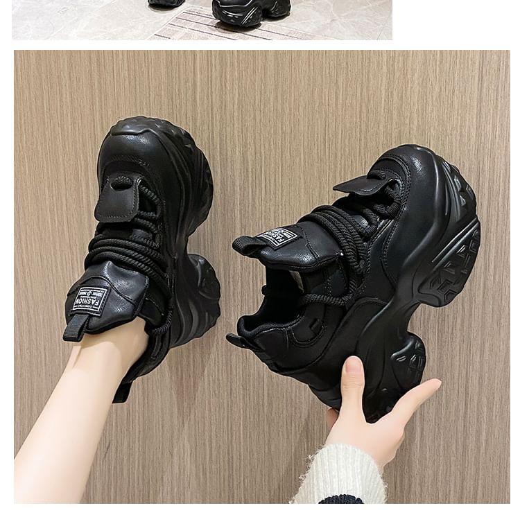 Platform Hidden Wedge Plain Lace-Up Faux Leather Sneakers Product Image