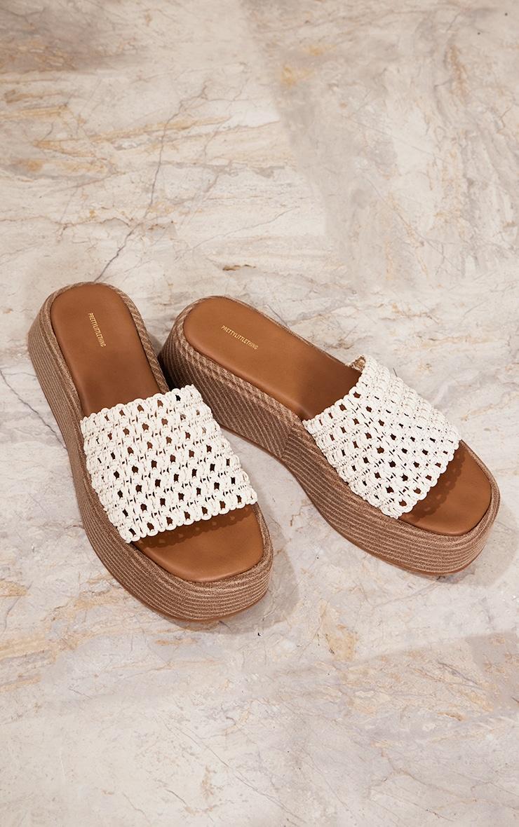 Cream Round Toe Crochet Strap Platform Flat Sandals Product Image