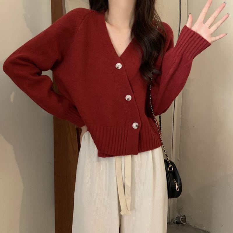 V-Neck Plain Wrap Button-Up Cardigan Product Image