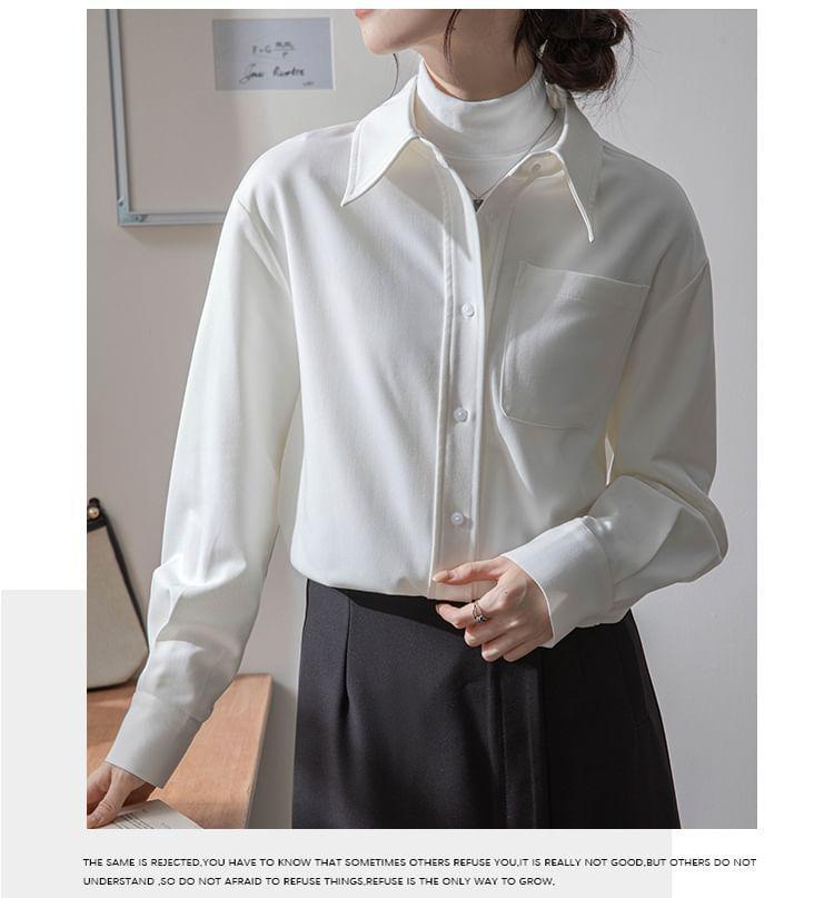 Long Sleeve Lapel Collar Plain Button Shirt Product Image