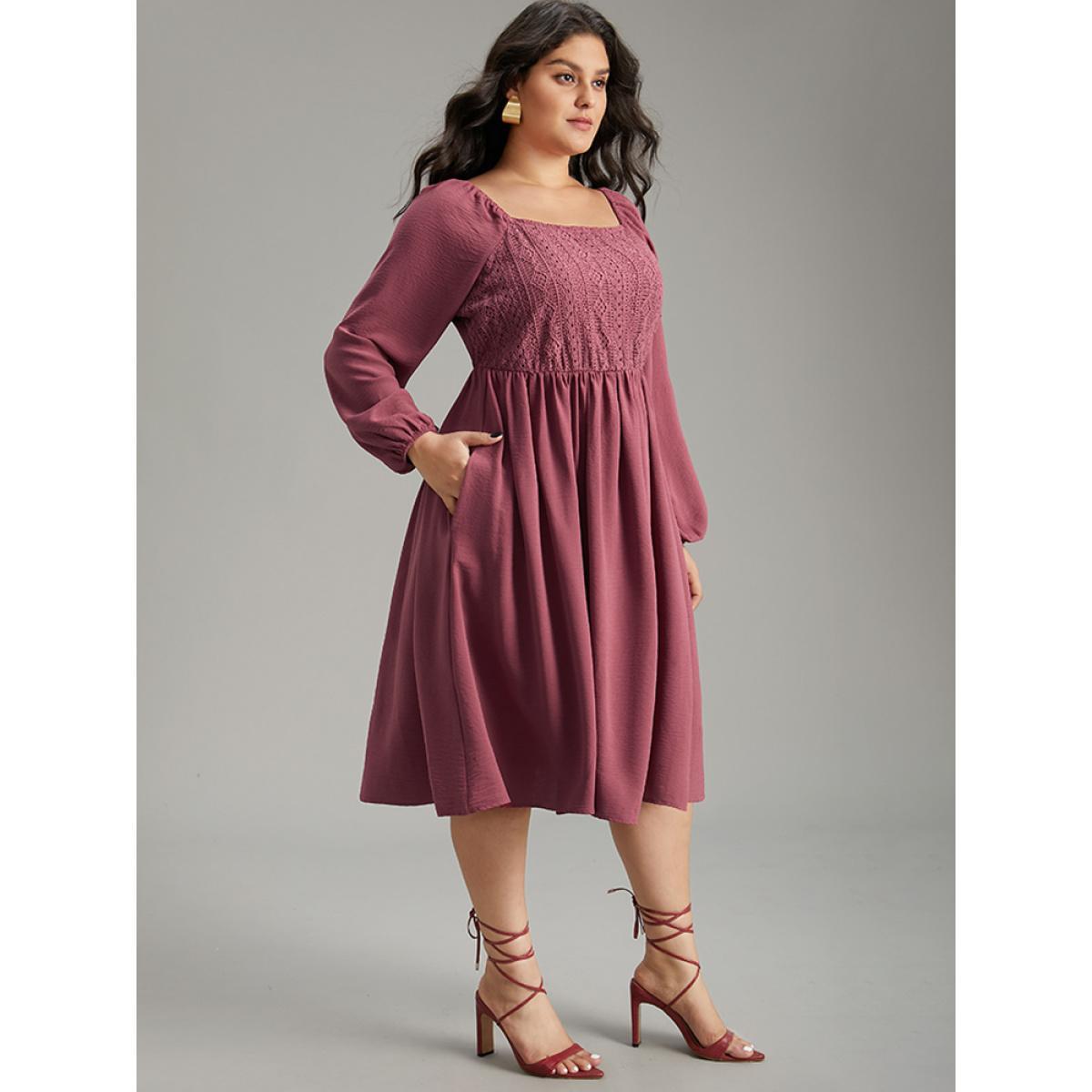 Plus Size Crochet Lace Square Neck Elastic Cuffs Dress DustyPink Women Elegant Elastic cuffs Square Neck Long Sleeve Curvy Midi Dress BloomChic 26/4X Product Image