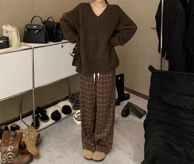 V-Neck Plain Oversized Sweater Product Image