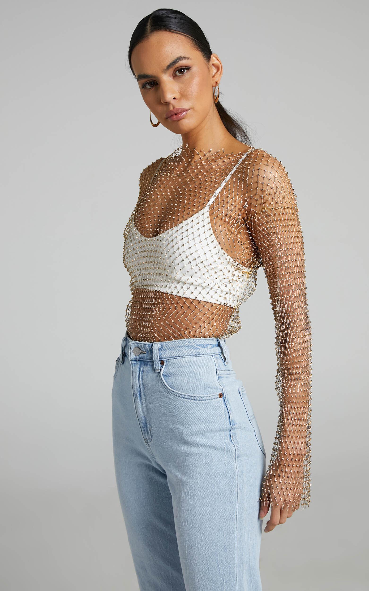 Charess Top - Diamante Mesh Long Sleeve Top in Gold Product Image