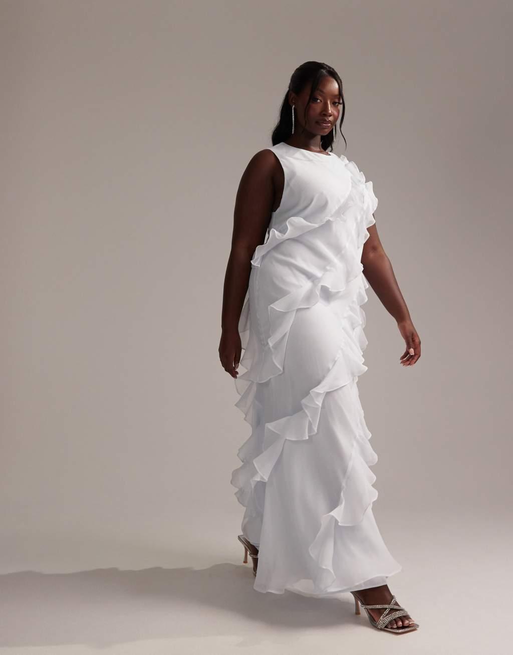 ASOS DESIGN Bridesmaids racer neck bias cut ruffle maxi dress in light blue Product Image