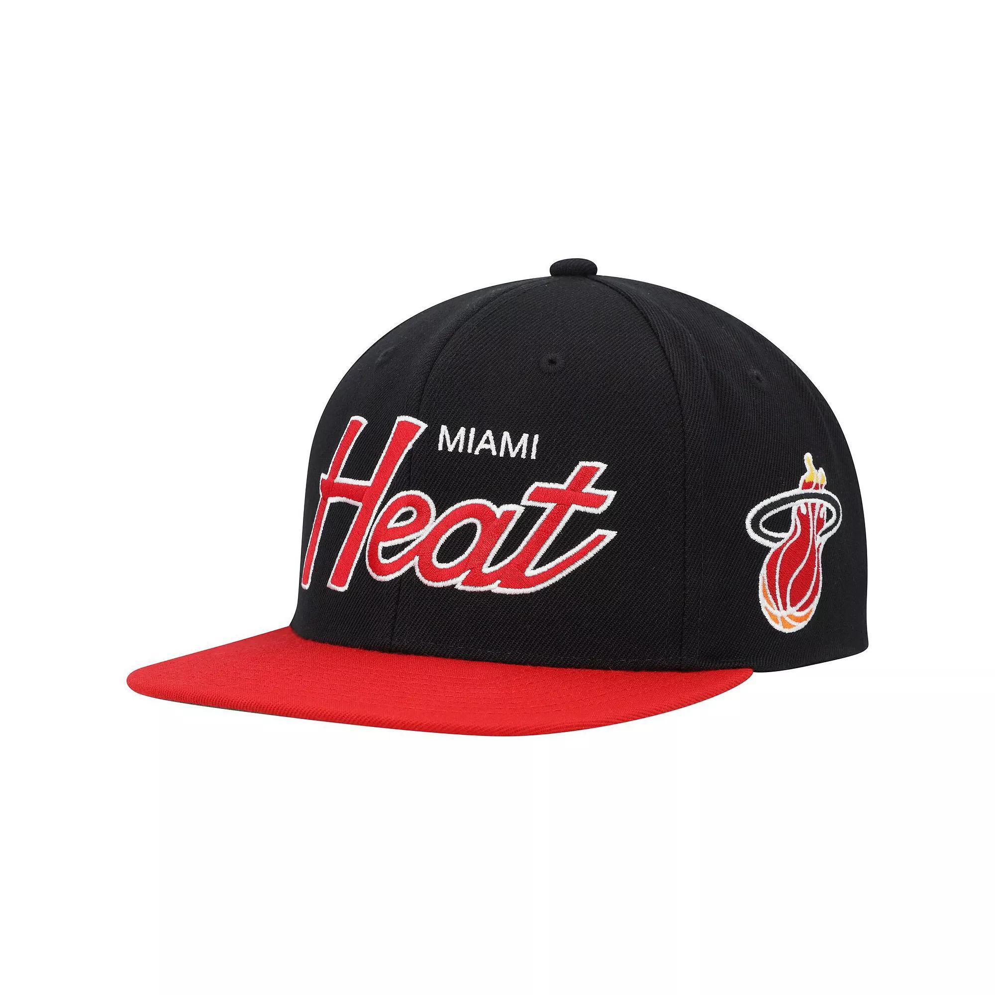 Men's Mitchell & Ness Black Miami Heat Hardwood Classics MVP Team Script 2.0 Snapback Hat Product Image