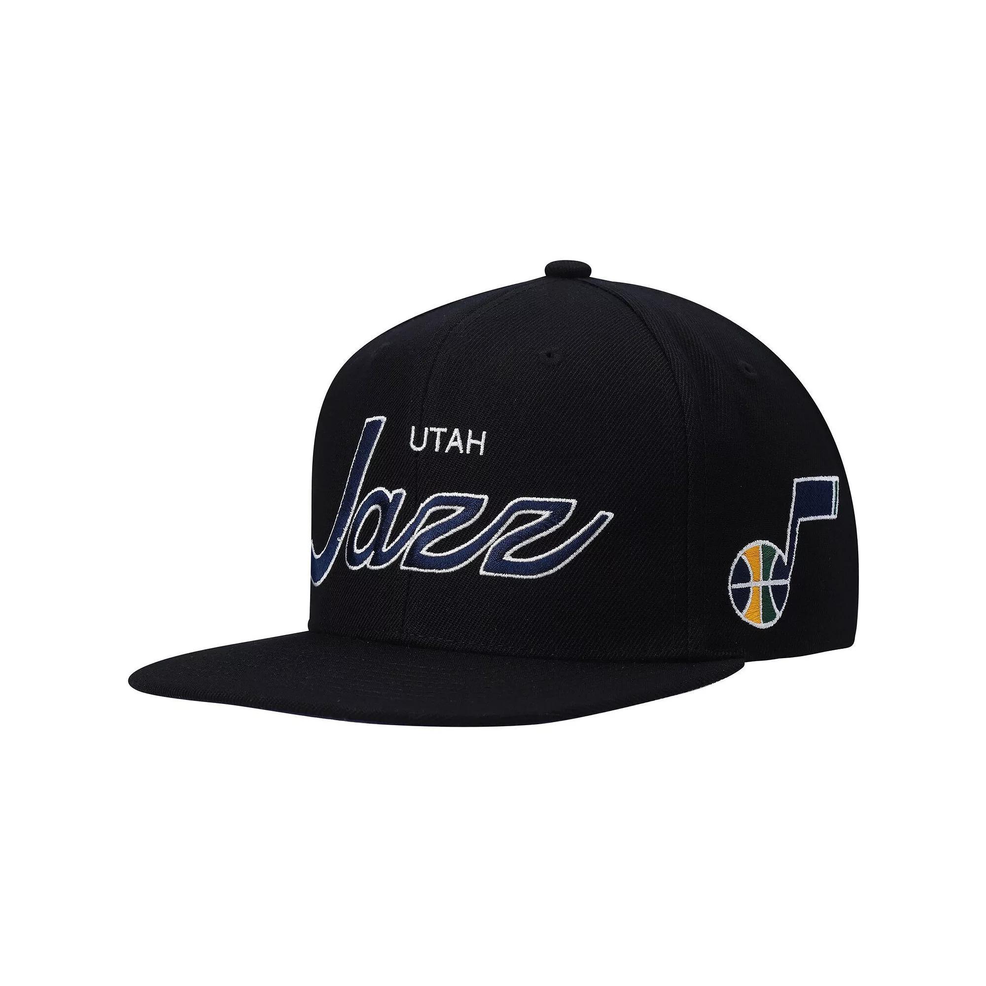 Men's Mitchell & Ness Black Utah Jazz Hardwood Classics Script 2.0 Snapback Hat, Jaz Black Product Image