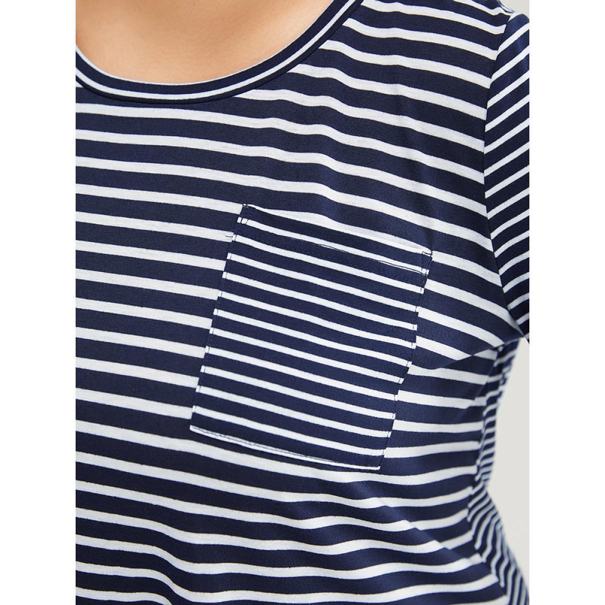 Plus Size Striped Print Crew Neck Pocket T-shirt Navy Women Casual Striped Round Neck Dailywear T-shirts BloomChic 22-24/3X Product Image