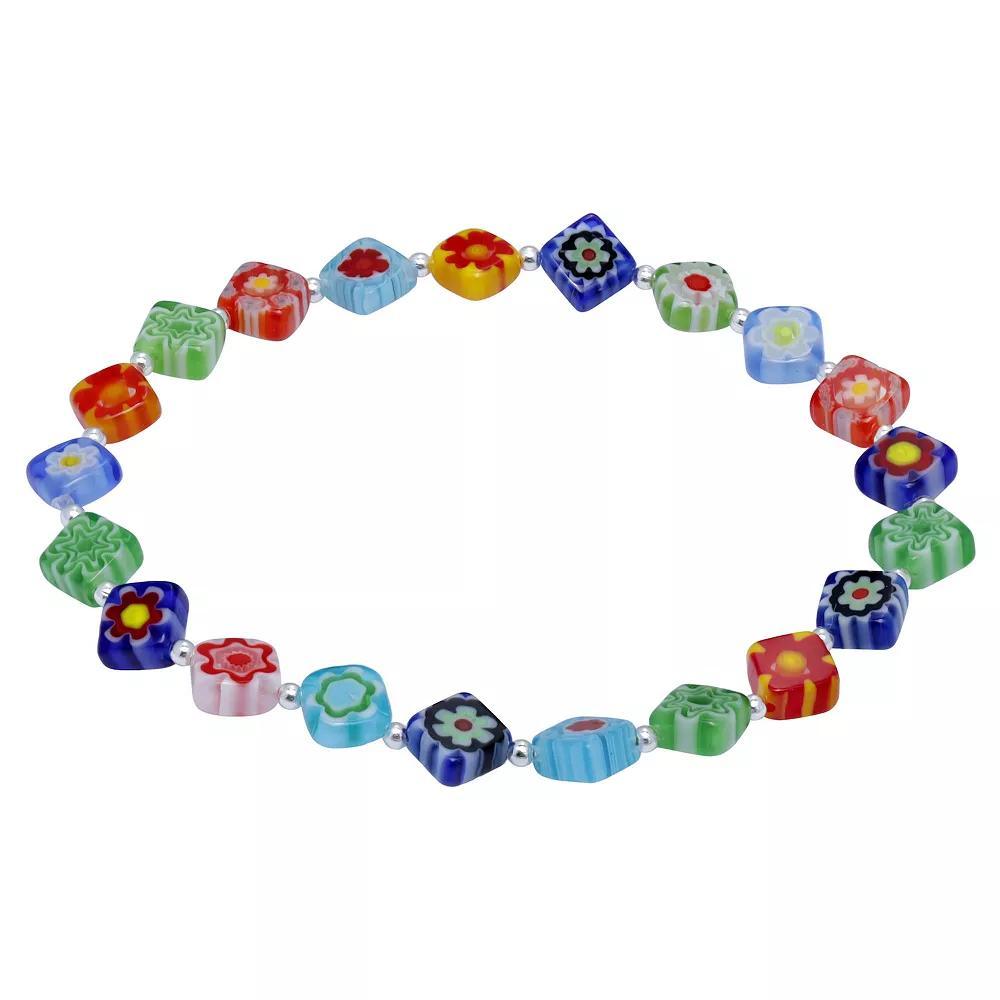 Aleure Precioso Sterling Silver Square Multi Color Glass Bead Stretch Bracelet, Women's, Size: 7.5", Silver Tone Team Product Image