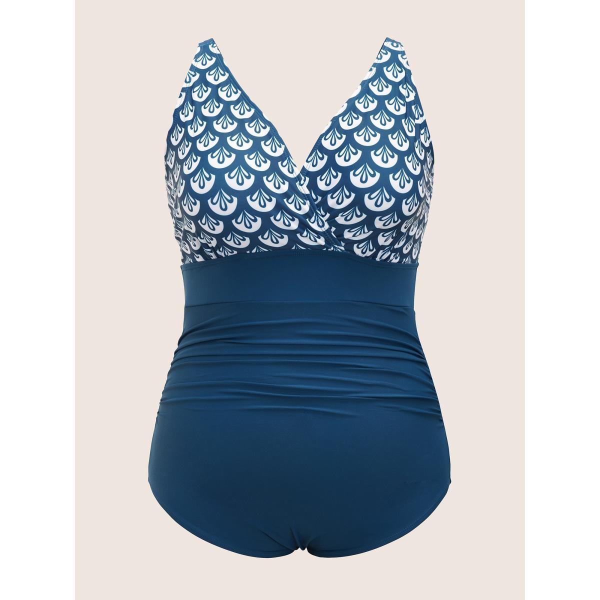 Plus Size Geometric Overlap Collar Gathered One Piece Swimsuit Women's Swimwear Aegean Beach Gathered Curve Bathing Suits High stretch One Pieces BloomChic 10/M Product Image