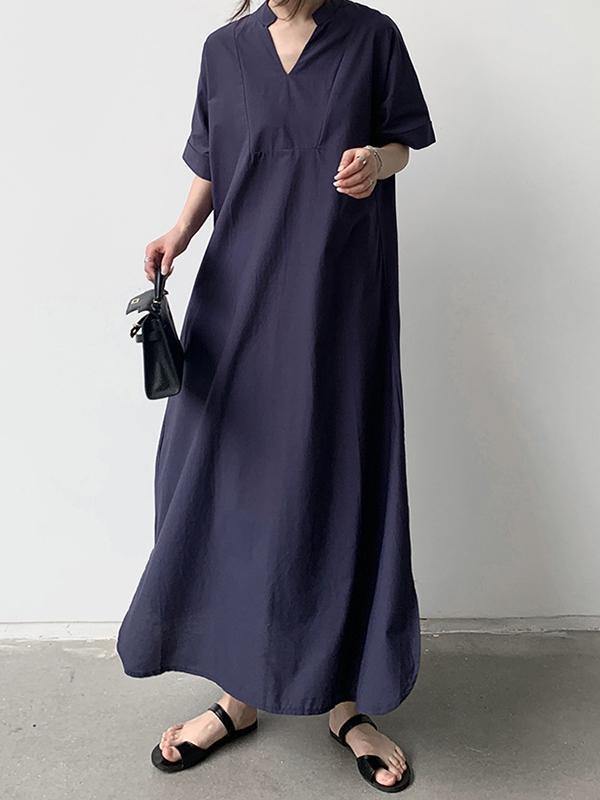 Loose Short Sleeves Solid Color V-Neck Maxi Dresses Product Image