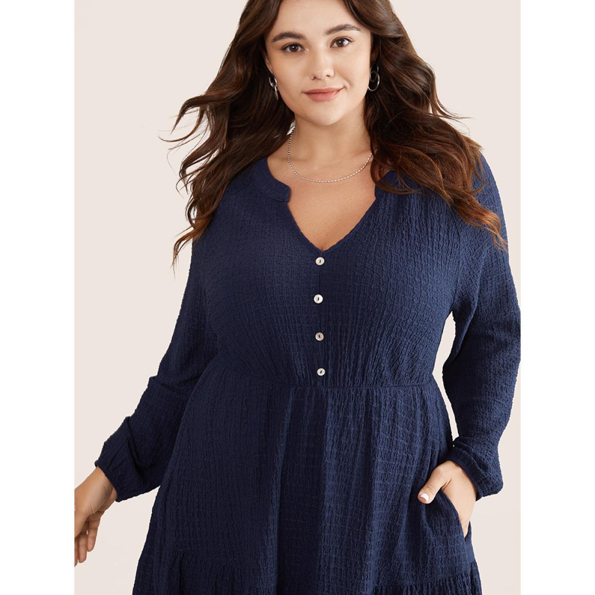 Plus Size Notched Button Detail Ruffle Layered Hem Dress Midnight Women Office Elastic cuffs Notched collar Long Sleeve Curvy Midi Dress BloomChic 12/L Product Image