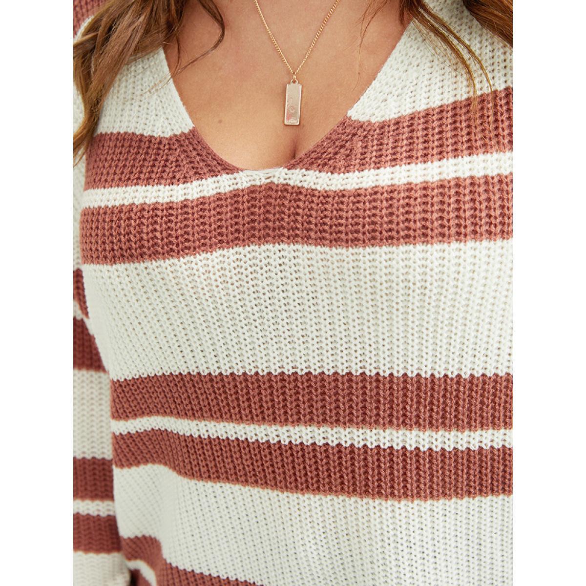 Plus Size Striped Contrast Pointelle Knit Lantern Sleeve Knit Top White Women Casual Loose Long Sleeve V-neck Dailywear Pullovers BloomChic 30/6X Product Image